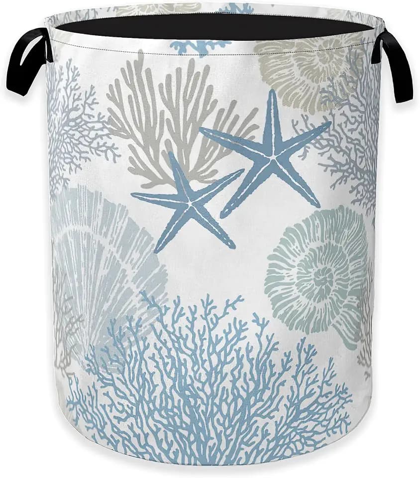 Collapsible Laundry Basket,Coastal Beach Dirty Clothes Hamper,Watercolor Shell Starfish Coral Hampers for Bedroom Waterproof Oxford Cloth Storage Organizer for Bathroom,Nursery,Dorm,16x20 Inch
