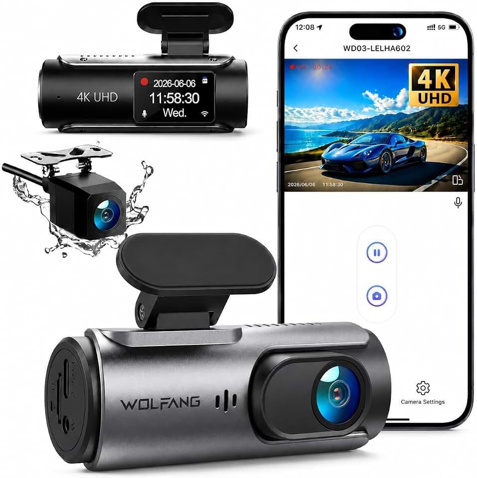 WOLFANG Dashcam Auto Vorne Hinten 4K Wi-Fi Dash Cam, 24 Std. (Optional)
