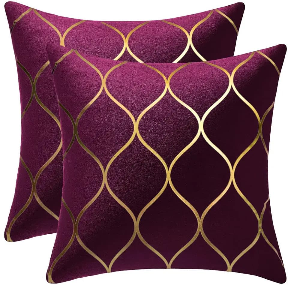 DEZENE Gold Velvet Throw Pillow Covers Purple: 2 Pack 20x20 Inch Square Decorative Pillow Cases for Bedroom Sofa Couch Living Room