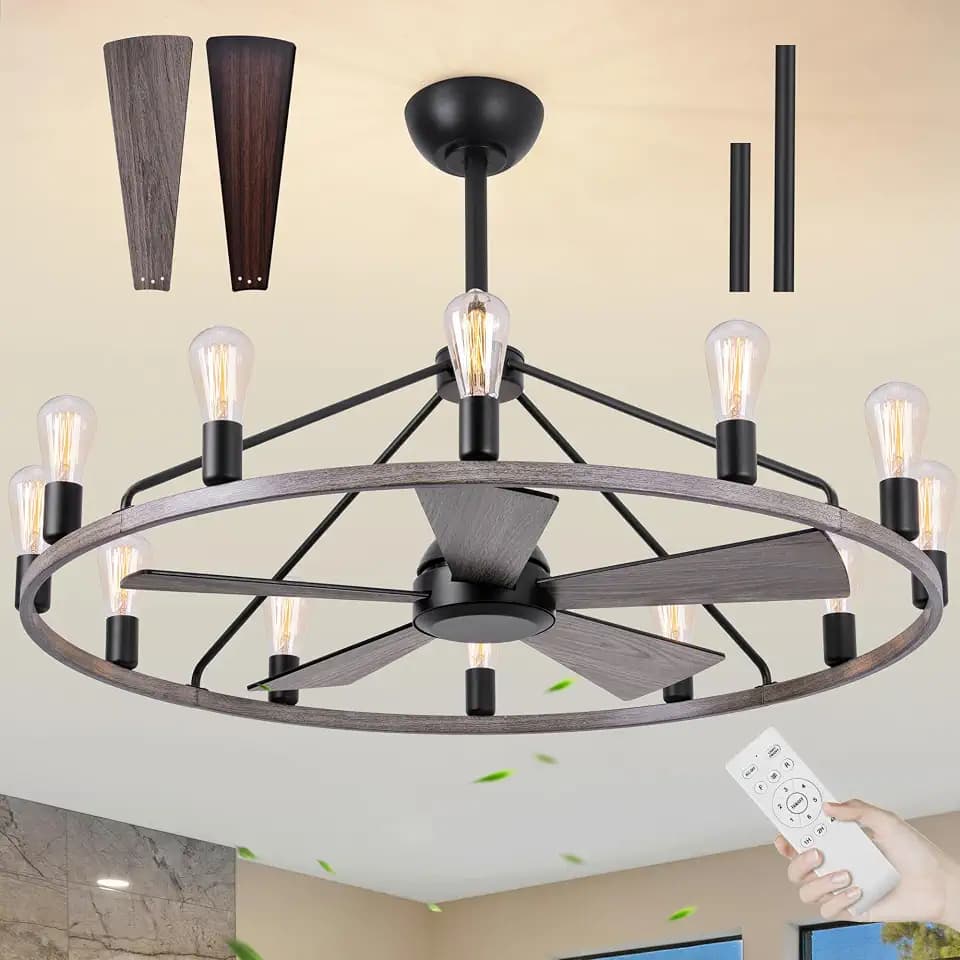 43" Wood Color Wagon Wheel Chandelier with Fan, 12-Lights Large Round Candle Farmhouse Fandelier Ceiling Fan with Light Fixture for Living Room, Height Adjustable