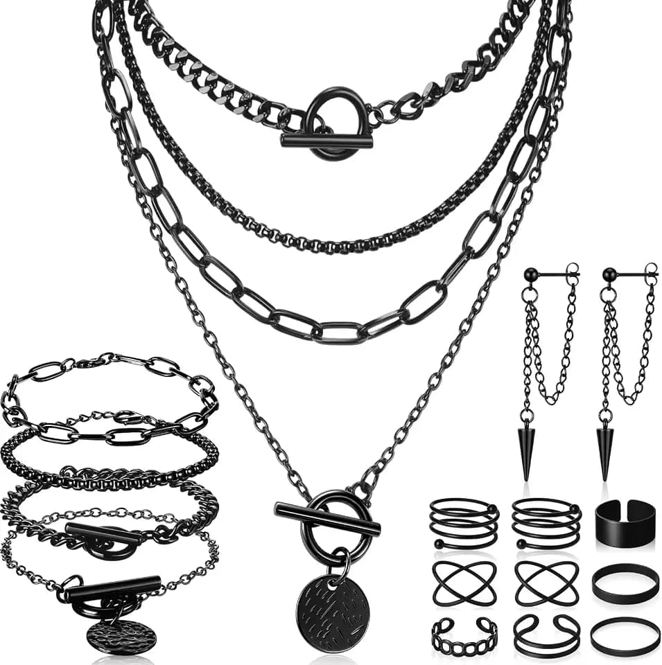 Liliaafar 12 Pcs Black Goth Jewelry Set Punk Necklace Bracelet Rings