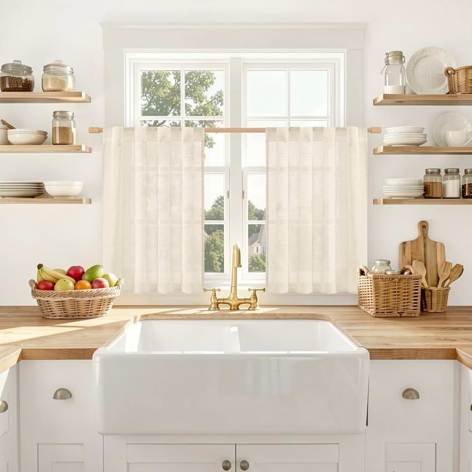 LAMIT Semi Sheer Linen Kitchen Window Curtains Over Sink, 34 x 36 Inch