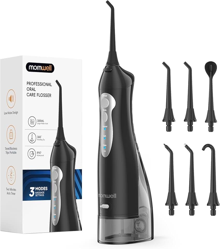 Mornwell Munddusche Kabellos für Zähne Tragbar Oral Irrigator Elektrische Zahnreiniger 300ML 3 Modi 6 Jet-Tipps Tiefenreinigung Hilft beim USB (Schwarz)