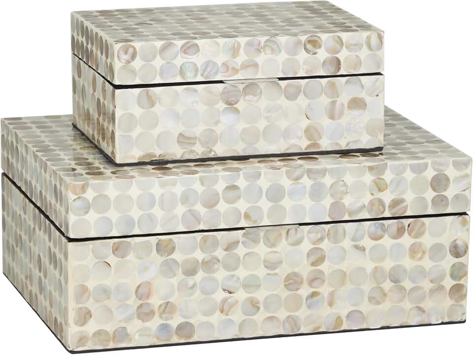 Deco 79 Mother of Pearl Shell Geometric Handmade Decorative Box Decorative Keepsake Boxes with Hinged Lid, Set of 2 Storage Boxes 12", 8"W, Cream