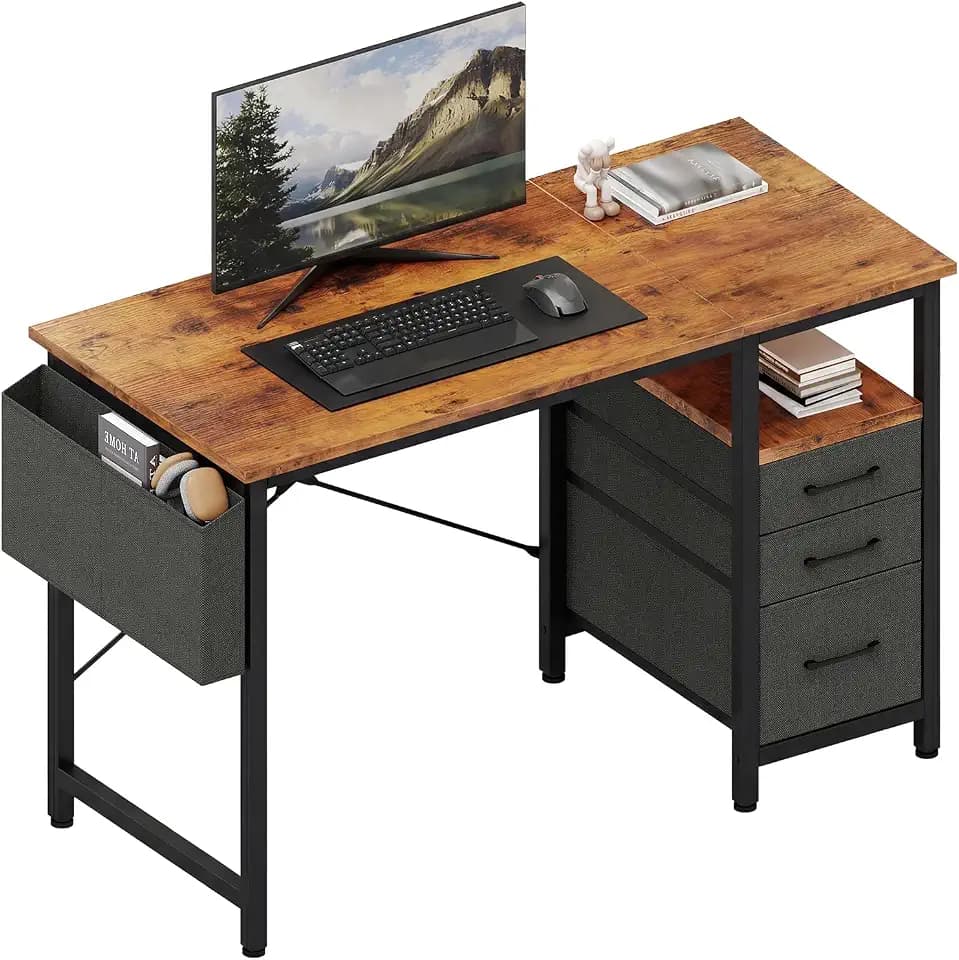 DUMOS 39 Inch Small Computer Desk with Storage, Fabric Drawers,Brown