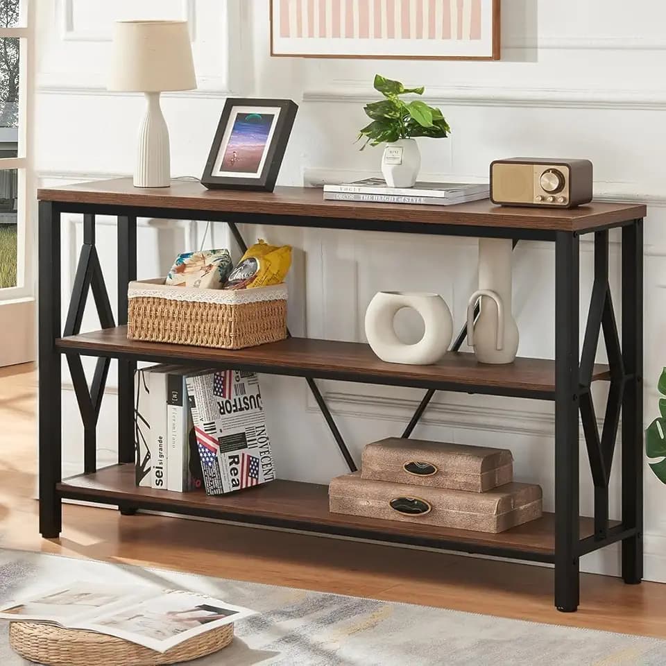 Sofa Console Table, Rustic Entry Table with 3 Tier Bookshelf,Brown 47 Inch