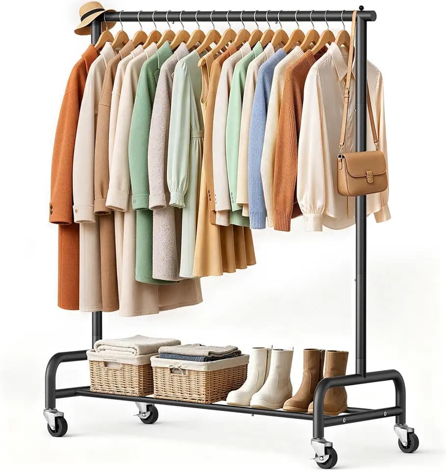 SLEEPING LAMB Heavy Duty Clothing Racks for Hanging Clothes Rack, 43" Wide Rolling Garment Rack Metal Clothing Hanger Rack with Wheels Wardrobe Rack for Coats, Shirts, Dress, (Black)