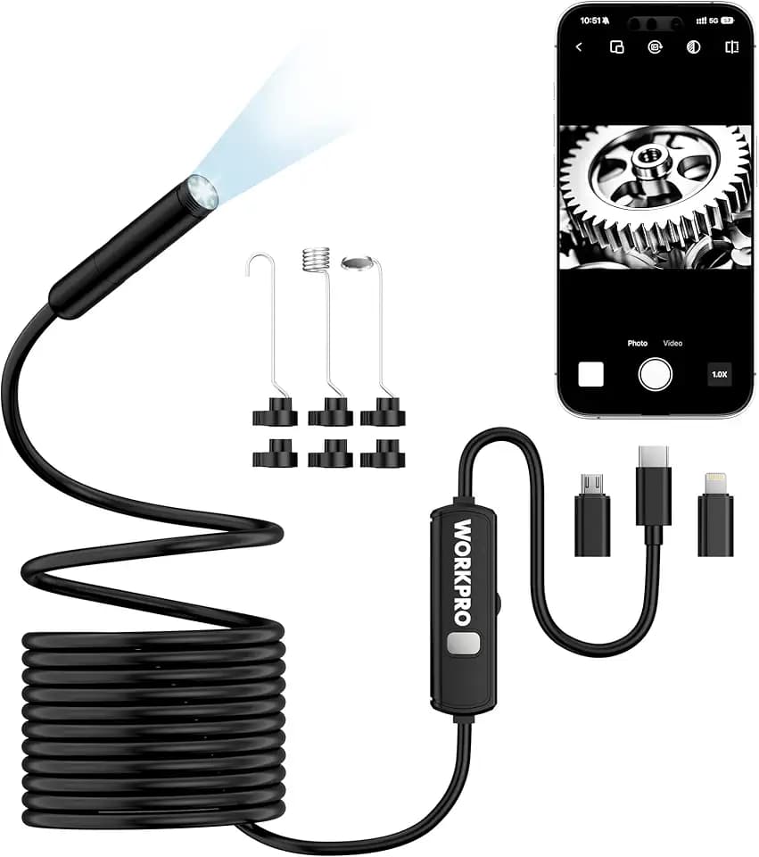 WORKPRO 1920P HD Endoscope Camera with Light, 16.4FT Semi-Rigid Borescope
