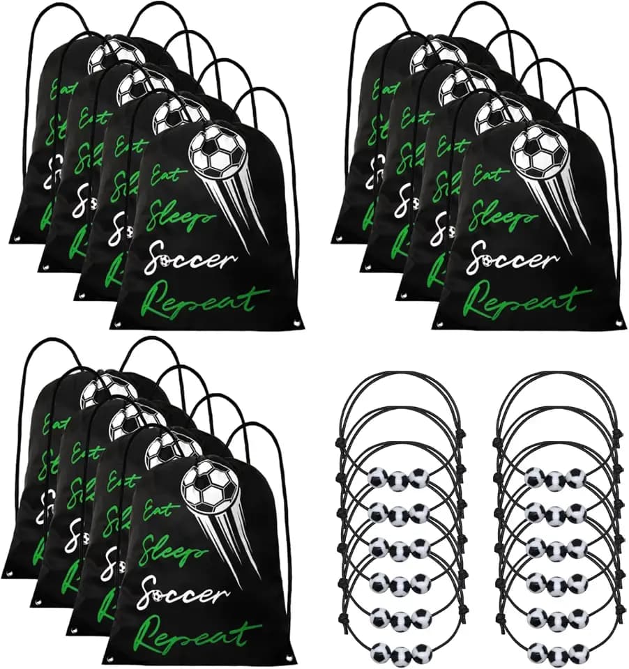 24 Pcs Soccer Party Favors, 12 Pcs Drawstring Backpacks & 12 Pcs Bracelets, Lightweight Draw String Bags Pack Bulk and Adjustable Braided Charm Bracelets for Boys Girls Youth Adults