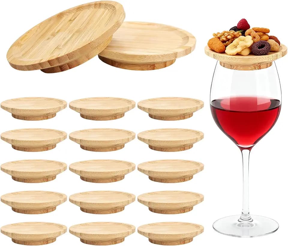 15‑Pack 4‑Inch Dual‑Use Wooden Wine Topper & Snack Plates