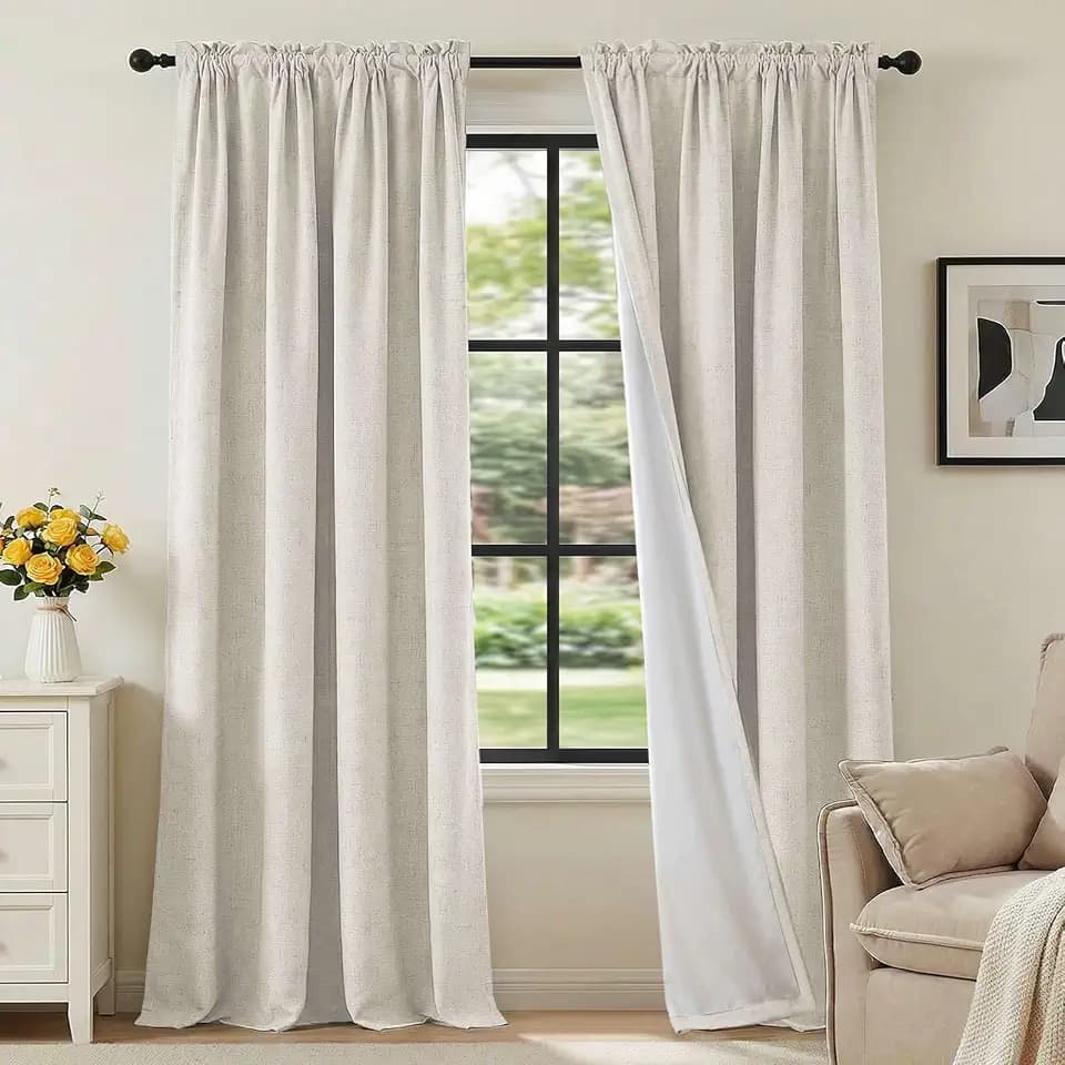 H.VERSAILTEX Linen Look 100% Blackout Curtains 95 Inches Long for Bedroom Full Light Blocking Rod Pocket Linen Textured Thick Window Curtain Drapes with White Backing, Ivory, 2 Panels