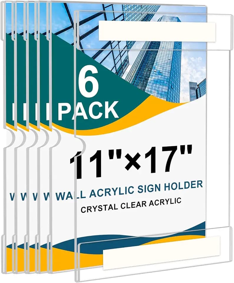 Acrylic Sign Holder 11 x 17 inches Wall Mount, 6 Pack Adhesive Vertical Wall Sign Holders Clear Acrylic Frames with 3M Double Sided Tape Clear Plastic Poster Holder for Office, Hospital, Restaurant, Trade Shows - No Drilling