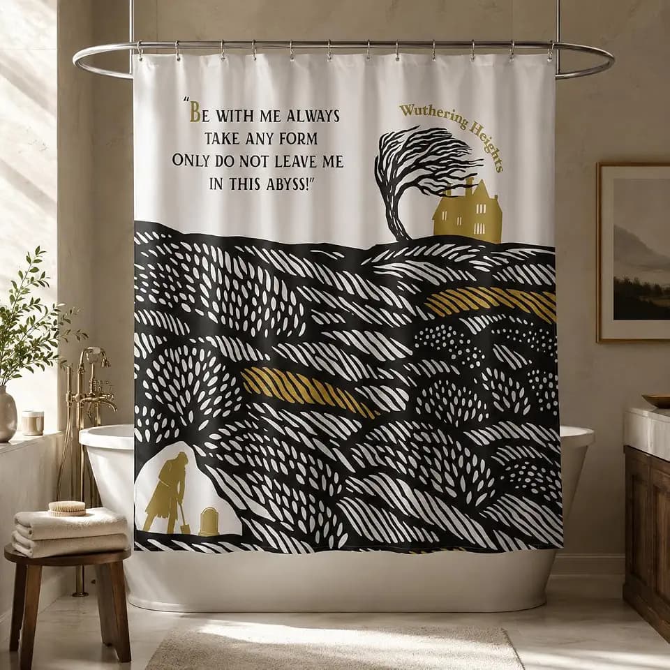 Wuthering Heights Licensed Shower Curtain Set, Dark Academia Gothic Illustration with Literary Quote, Poly-Cotton Fabric, for Bathroom Decor (Embrace The Abyss, 72" W x 72" L (Pack of 1))