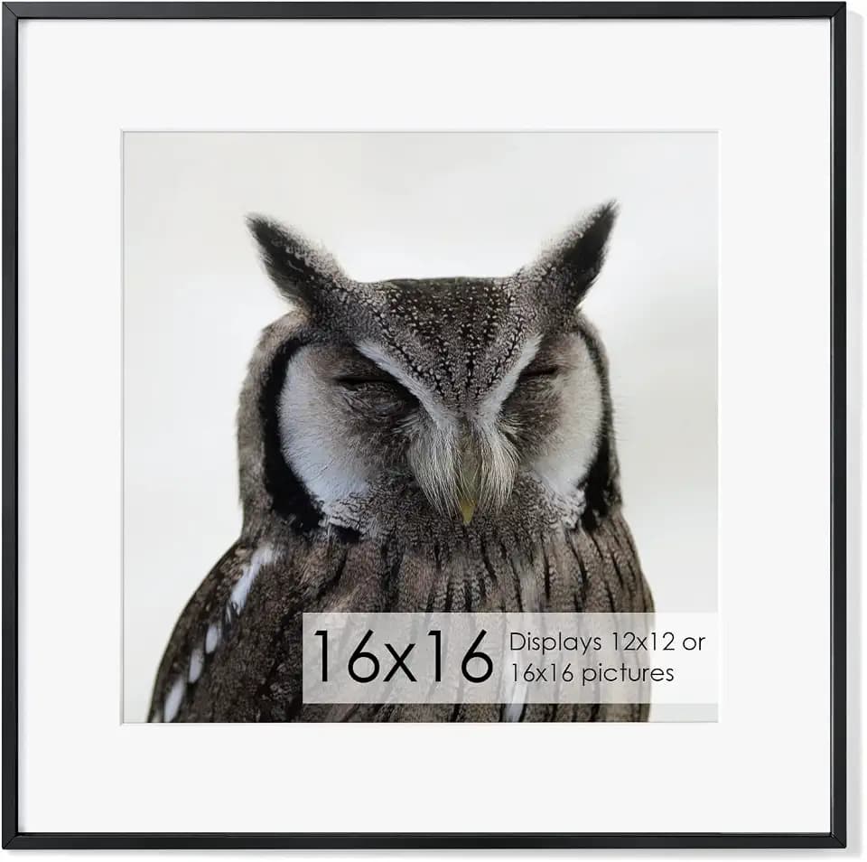 16x16 Metal Picture Frame with 12x12 Mat, Brushed Aluminum Finish, Tempered Glass Front, and Attached Hanging Hardware - Versatile Wall Display Frames for Vertical or Horizontal Orientation(Black,
