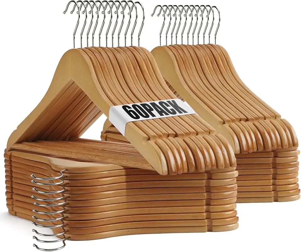Wooden Hangers - 60 Pack - Clothes Hanger for Daily Used,Heavy Duty Wood Hangers with Precisely Cut Notches,Coat Hanger for Closet, Clothes Hangers for Shirt Suit Dress (Natural)