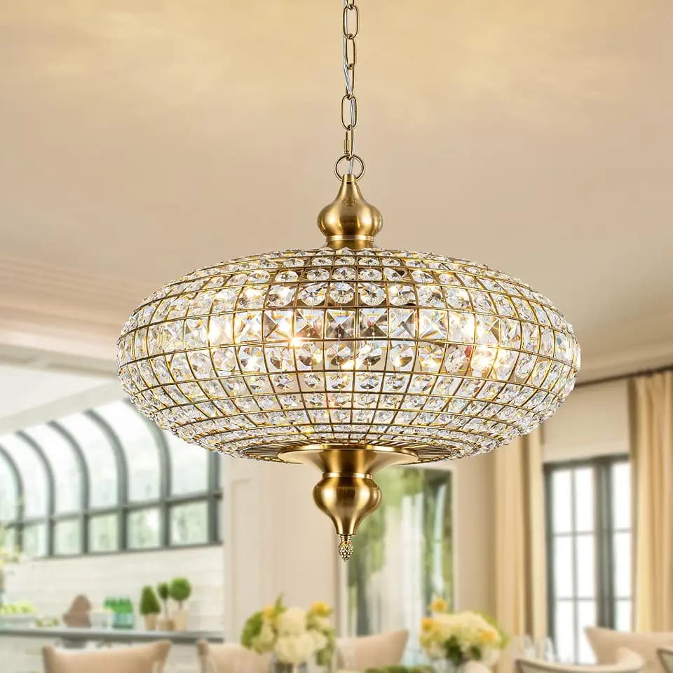 20" Antique Brass Crystal Chandelier, 5-Light Globe Pendant Light Fixture
