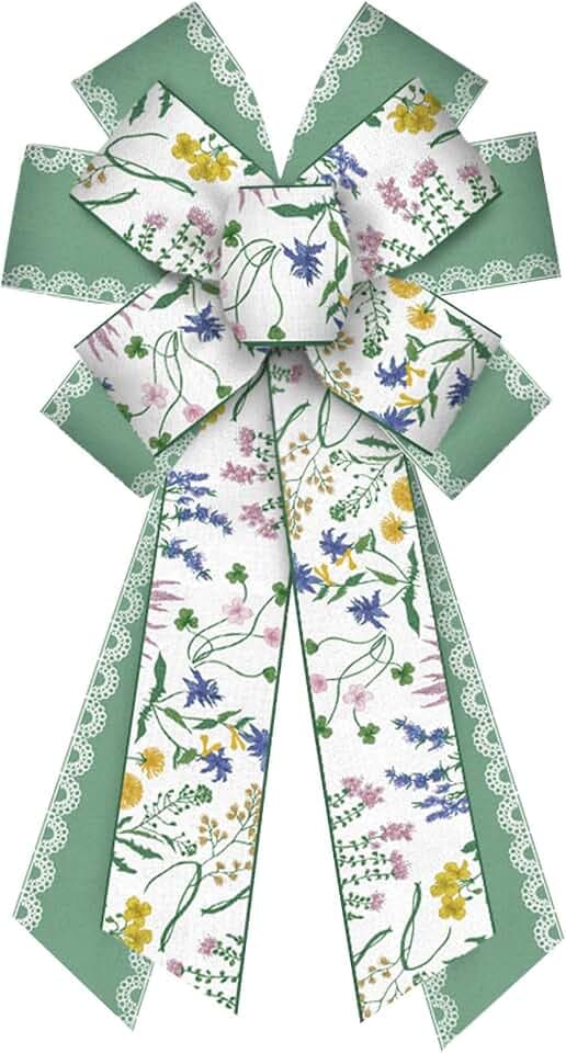 ABTOLS Large Floral Bows for Wreath, Green Vintage Floral Wreath Bows Green Lace Bows for Front Door, Spring Flower Burlap Ornament Tree Topper Bow for Home Indoor Outdoor Decor