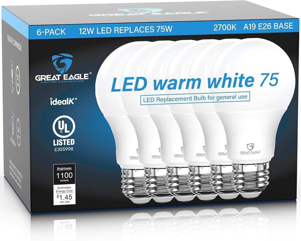 Great Eagle A19 Led Bulbs 75 Watt Equivalent - UL Listed - Warm White 2700K 75 Watt Led Light Bulbs - Non Dimmable - Standard Replacement (6 Pack)