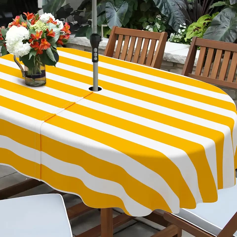 Orange Strip Print Outdoor Tablecloth with Umbrella Hole for Oval Table, Waterproof Strip Patio Table Cloth with Zipper - 60 x 84 inches