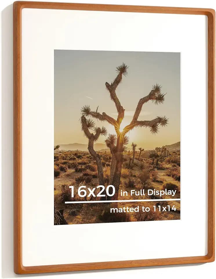 RICHFOCUS 16x20 Picture Frame USA-Sourced Natural Teak Solid Wood Photo Frame Handcrafted Rounded Corner Wooden Frame with Real Glass Display Photos 11x14 with Mat or 16x20 Without Mat