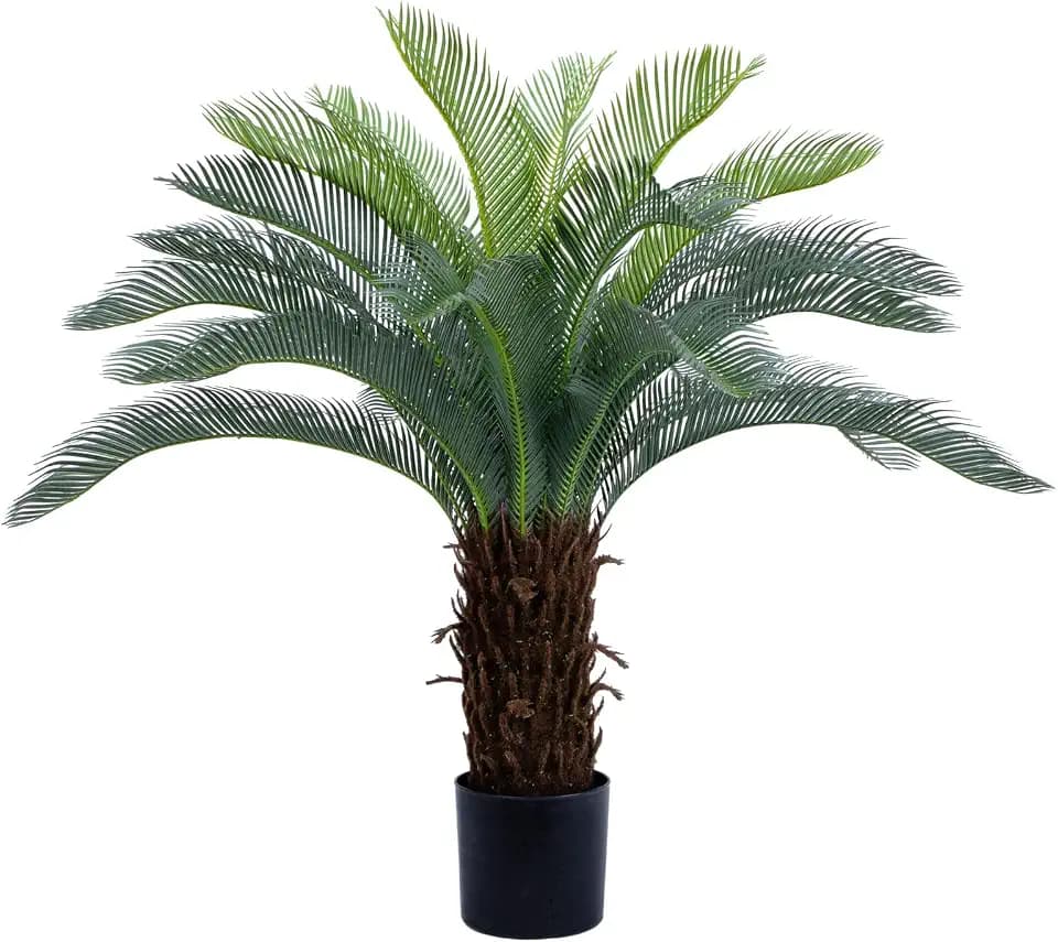 Bellacat 4ft UV Resistant Faux Sago Palm Tree with Natural & Lifelike Bark, 48in Super Full Artificial Cycad Tree with Realistic Leaves, for Home Office Patio Porch Front Door Decor.