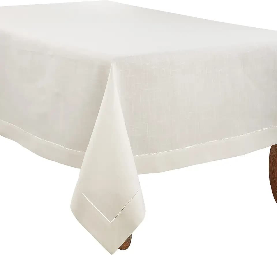 SARO LIFESTYLE Classic Hemstitch Tablecloth - Elegant Everyday Tablecloth with Textured Fabric and Hemstitched Border for Dining Tables and Formal Entertaining, 70"x180", Ivory