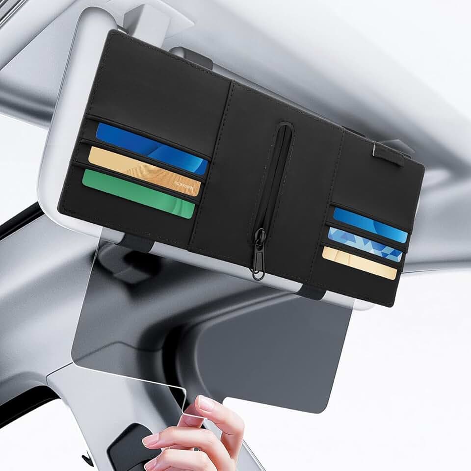 Linkstyle Sonnenblende Verlängerung Auto, Auto Visier Anti Blender & Anti-UV mit 6 Leder Kartenfächer, Autofenster Sonnenschutz für Fahrer oder Beifahrer