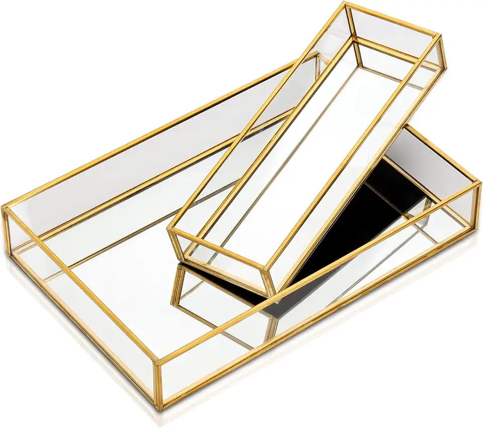 Lyellfe 2 Pack Perfume Trays, Decorative Gold Mirror Tray