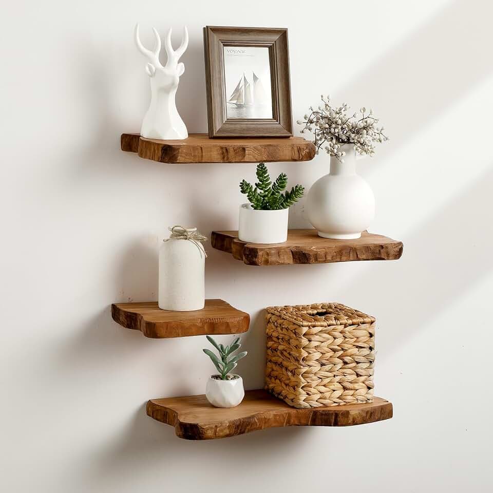 Pinkunn 4 Pcs Solid Live Edge Floating Shelves for Wall Rustic Wood Shelf Wall-Mounted Natural Shelves for Bathroom Bedroom Kitchen Storage Living Room Nursery Decor (15.8/11.8/7.9 Inch)