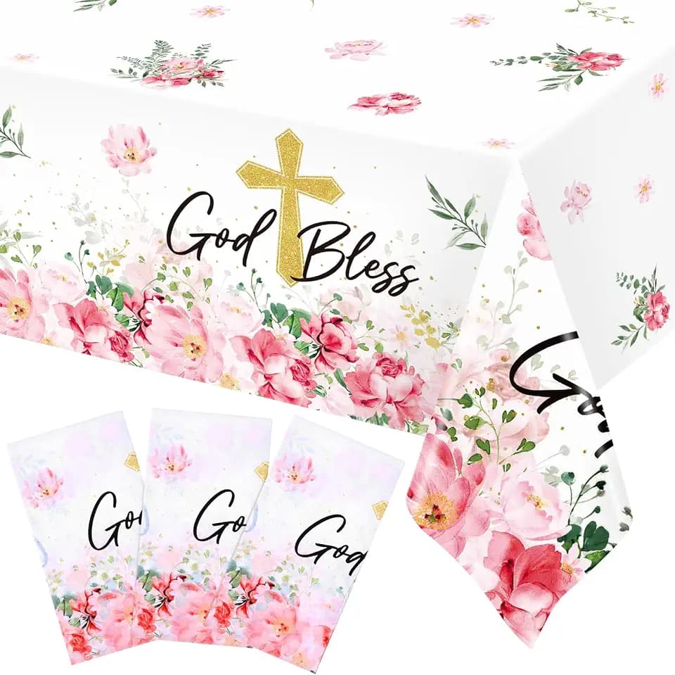 Ganeen 3 Pcs Pink God Bless Baptism Tablecloth Plastic, 54 X 108 Inch