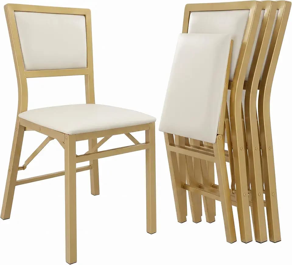 VECELO Folding Dining Chairs Set of 4, Metal Padded Foldable Seating with Comfortable Faux Leather, Space-Saving Portable Guest Seats for Kitchen & Office, No Assembly, White