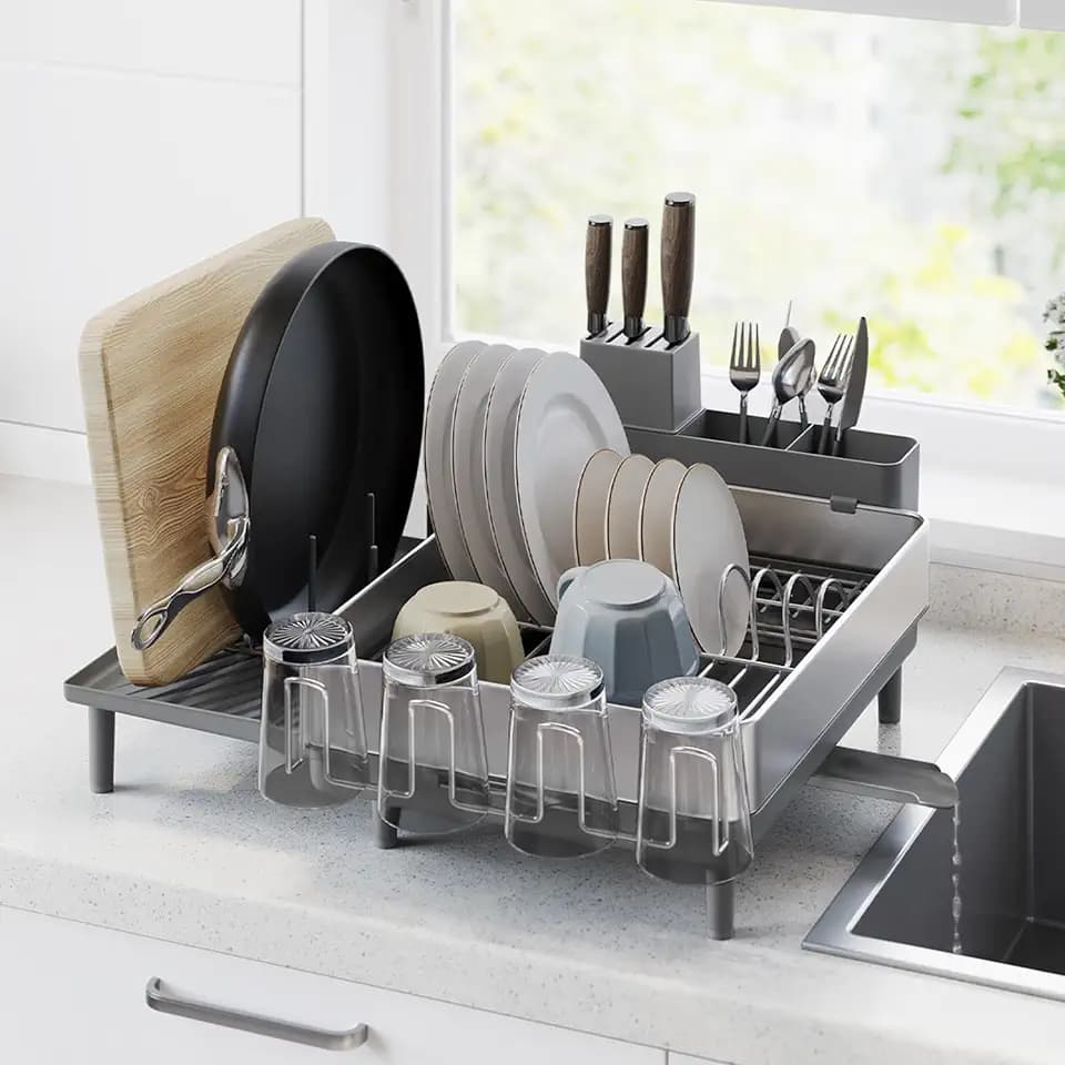 SONGMICS Dish Drying Rack, Expandable Stainless Steel, with Rotatable Spout