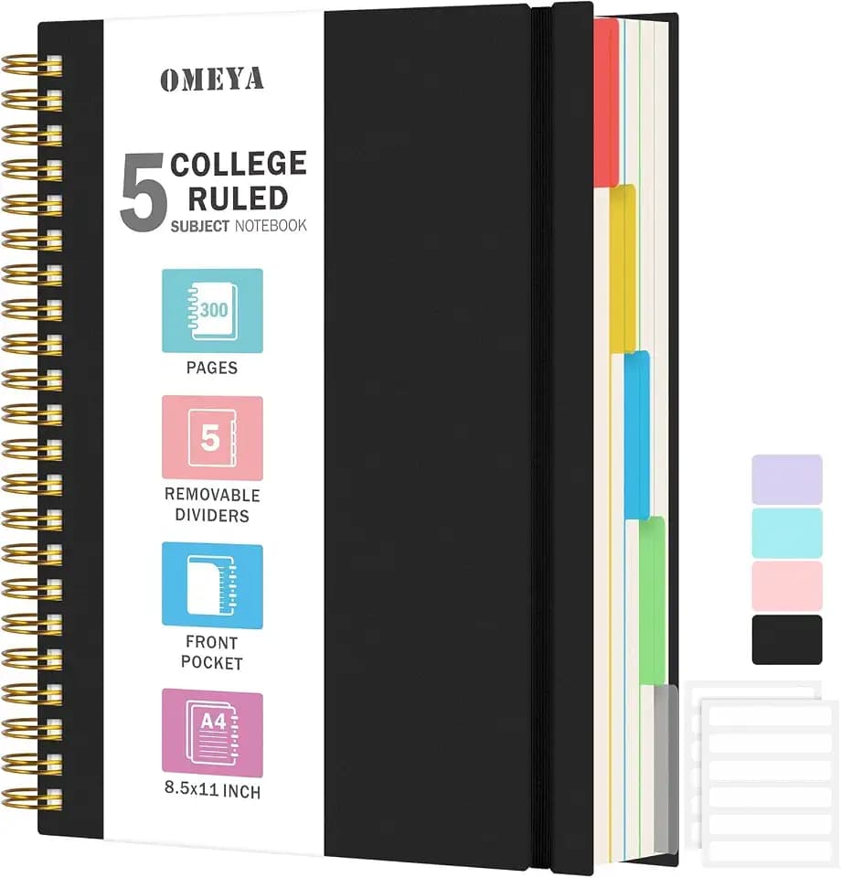 Spiral Notebook 8.5" x 11", 5 Subject Notebooks College Ruled with Dividers