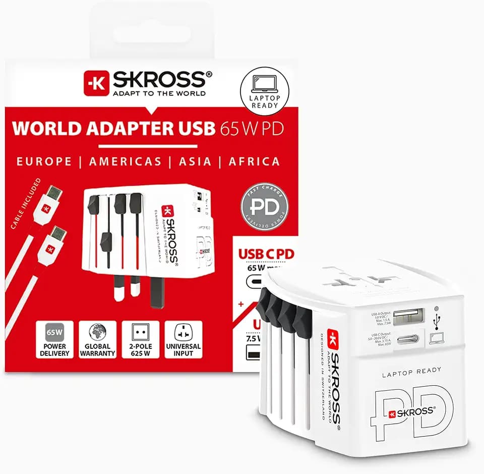 SKROSS 2-poliger Universal-Reiseadapter, Reisestecker mit Ladeanschluss für USB-A und USB-C, kompakter Laptop Ready Steckdosenadapter mit USBC-Kabel