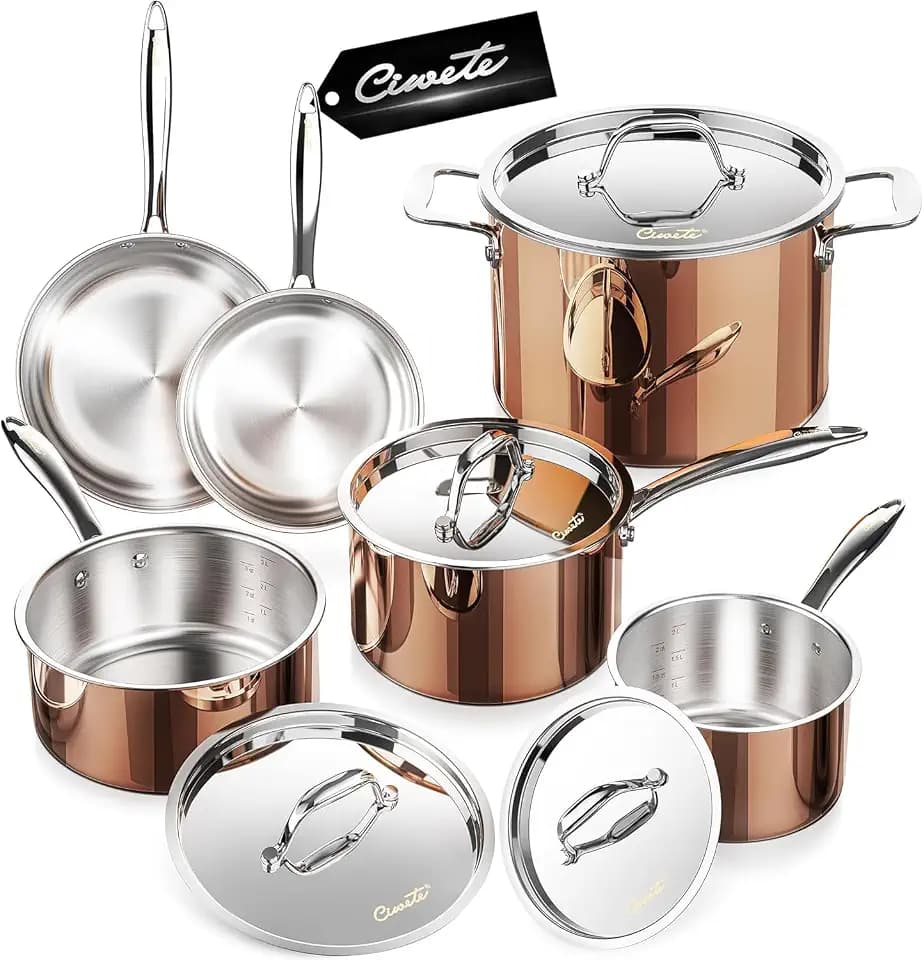 10-Piece Fully Clad Tri-Ply Stainless Steel Cookware Set, Copper Finish