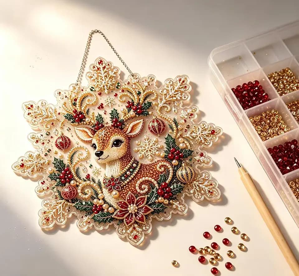 Christmas Pearl Diamond Painting Suncatcher Kit, 3D Pearl Diamond Art for Adults, Lace‑Edge Round Acrylic Board, Pre‑Assembled Hanging Chain, Decor for Window, Wall, Mantel & Holiday Displays
