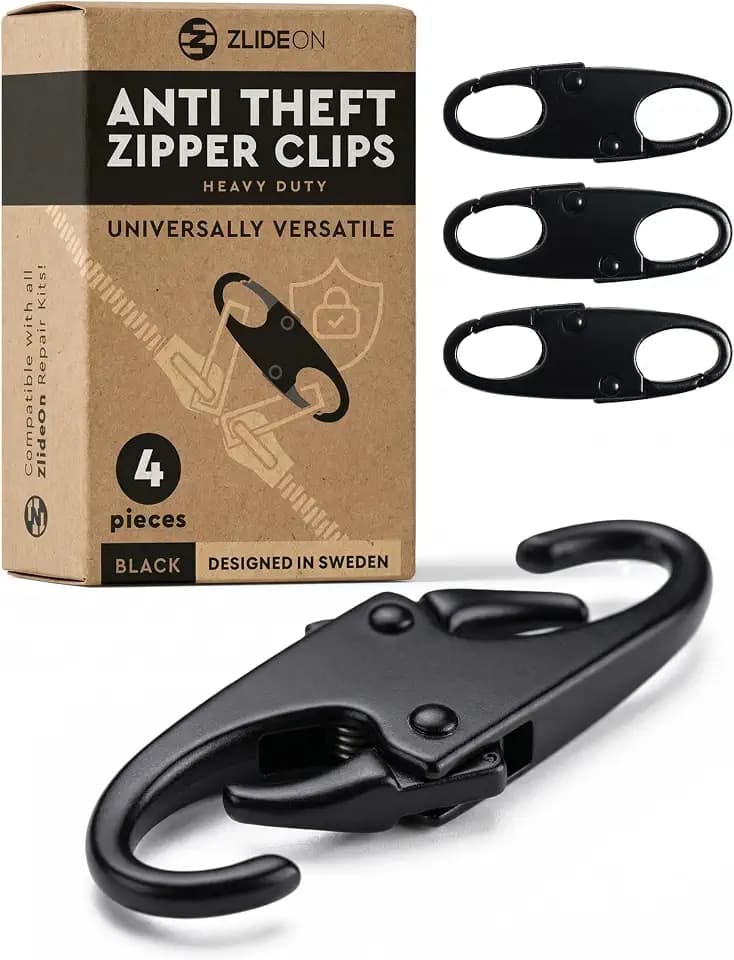 Zlideon Double Sided Anti Theft Zipper Clips - 4 Pieces - Black