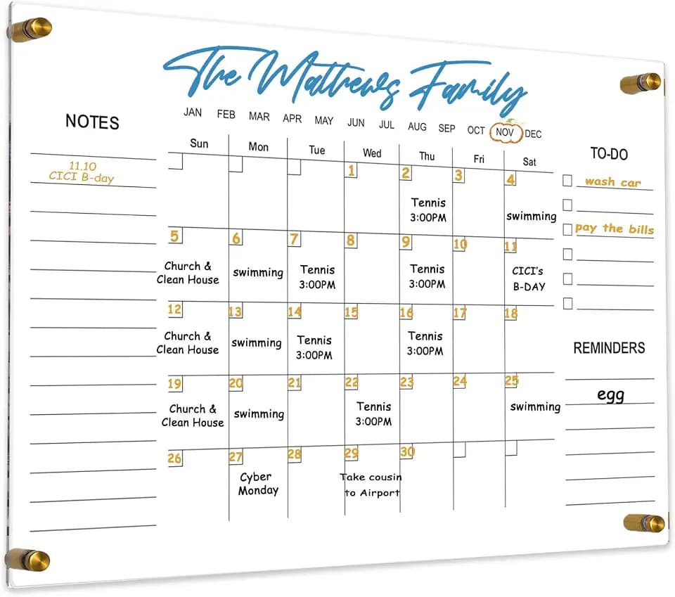 Clear Acrylic Calendar Dry Erase for Wall, Family Planner, Monthly Calendar Dry Erase Whiteboard for Home, Office, 24" x 16" Reusable White Board(YL-4060)