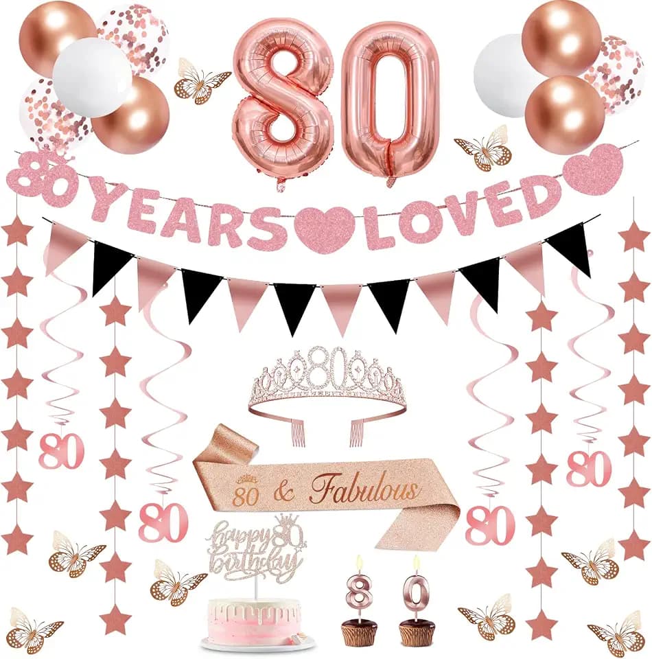 YeohJoy 80th Birthday Decorations for Women Rose Gold