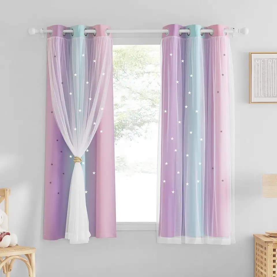NICETOWN Curtains for Girls Bedroom Kids Hollow-Out Star Window 2 Layers Curtain 63 inches Length Room Darkening Grommet for Baby Nursery, 2 Panels, Blue & Purple & Pink, W34 x L63