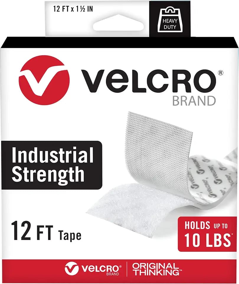 VELCRO Brand Heavy Duty Tape, White, 1-1/2in x 12ft Roll, Holds 10 lbs