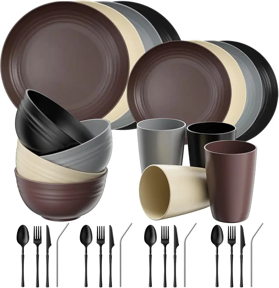 Quatish 32 Piece Plastic Plates and Bowls Sets for 4, Dinnerware Sets Brown