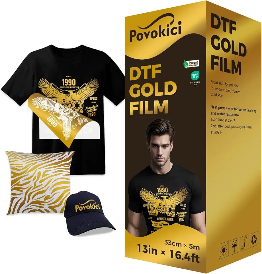 POVOKICI 13in x 16.4ft DTF Gold Foil Film Roll DTF Transfer Film, Cold Peel