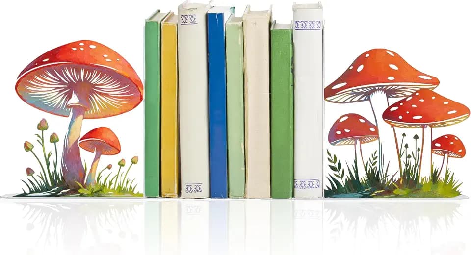 Cute Mushroom Decorative Bookends Unique and Stylish Book Ends Waterproof & Durable Perfect Size Ideal Gift for Mushroom Lovers(Color Printing)