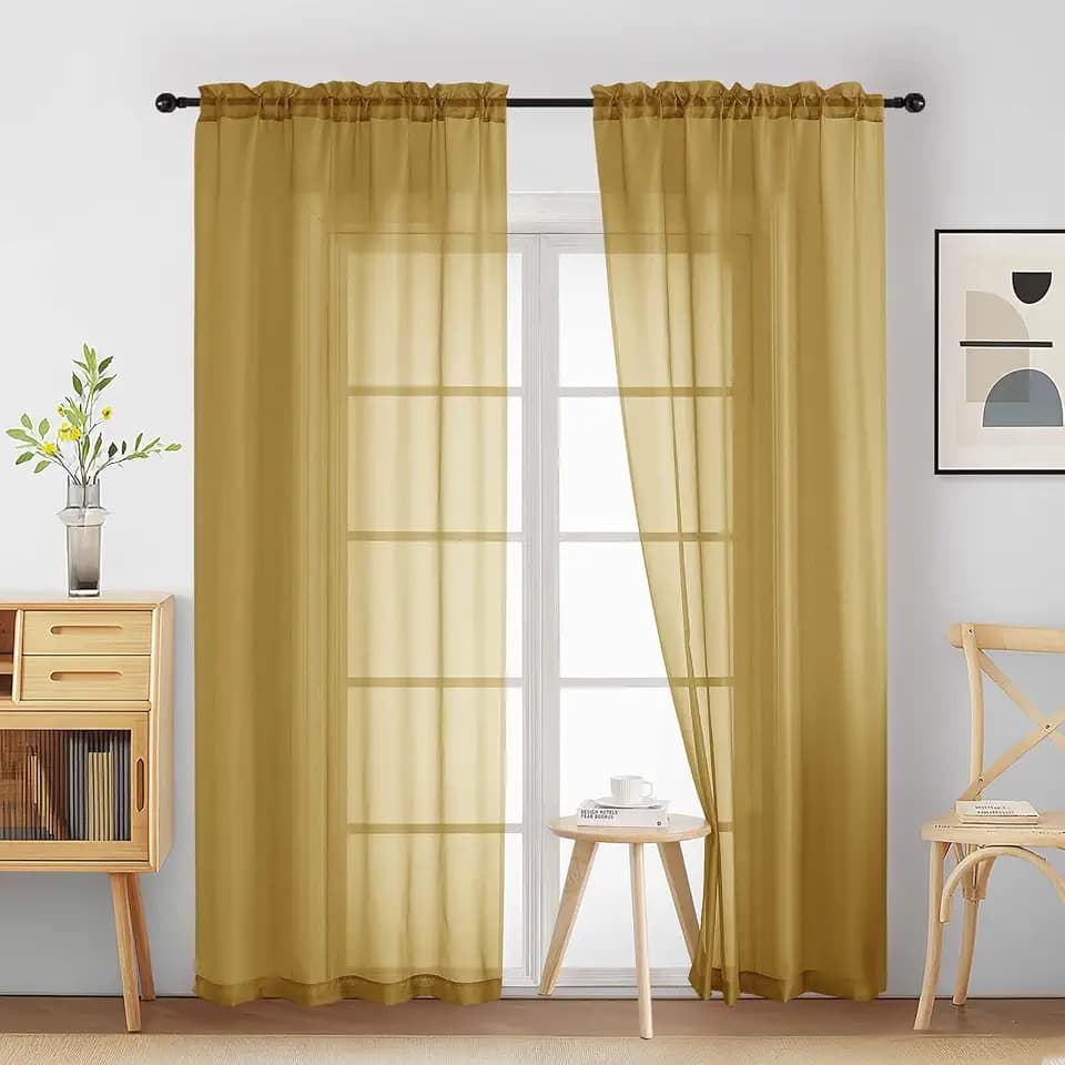 Gold Sheer Curtains 84 Inches Long 2 Panels, Elegant Airy Transparent Light Filtering Window Curtains, Window Drapes for Living Room Bedroom, Top Dual Rod Pocket Design, 2x42Wx84L Inches