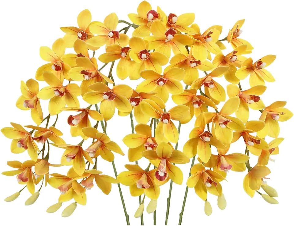 IPOPU Yellow 5 Pcs Artificial Orchids That Look Real Real Touch Latex Orchid Fake Flowers for Living Room Bathroom Kitchen Wedding and Engagement Centerpiece Arrangement