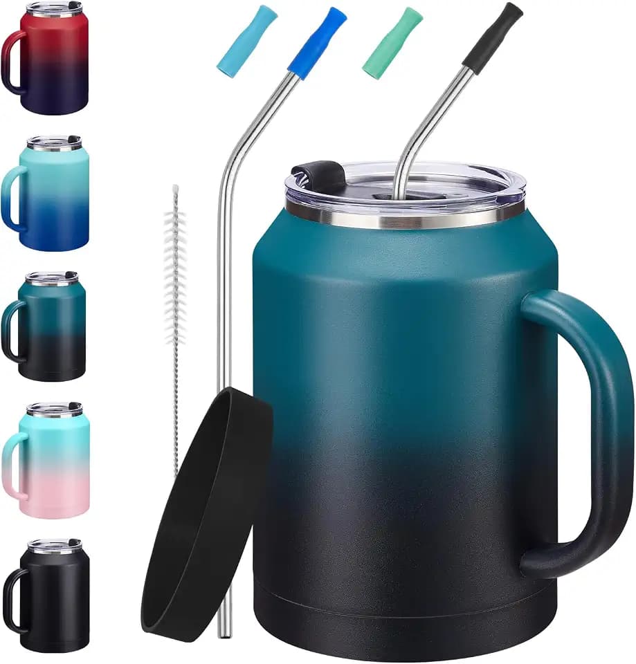 50 oz Insulated Tumbler with Handle and Straw - Stainless Steel Double Wall Coffee Mug, 2-in-1 Lid Metal Water Bottle, 36H Cold 24H Hot Travel Hydro Cup Jug with Silicone Boot