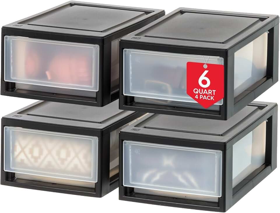 IRIS USA 4-Pack, 6 Qt. Small Stacking Drawer Storage Organizer, Black