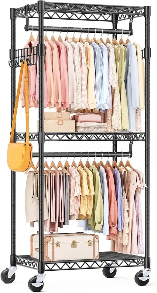 OLIXIS Rolling Clothes Rack, Heavy Duty Garment Rack, 23 IN, Metal, Black