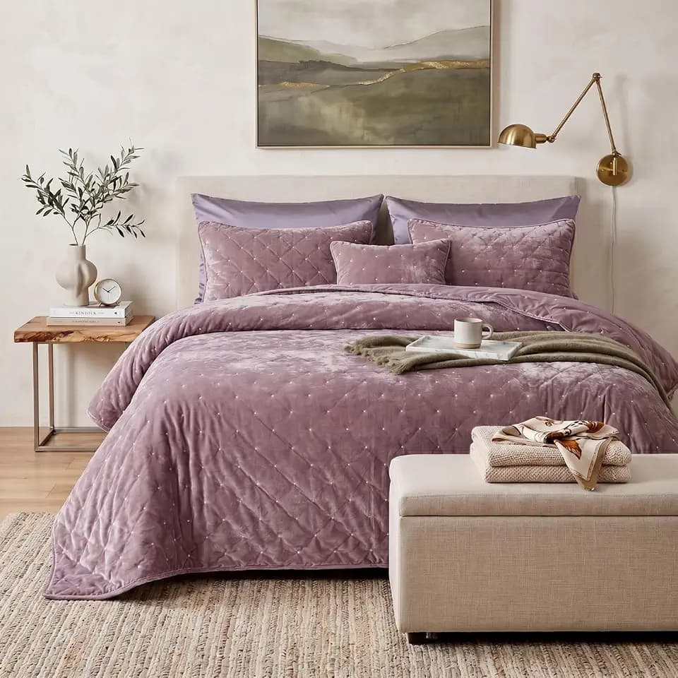 Tache Velvet Quilt Set Queen Size Luxurious Velveteen Velour Super Soft Plush Warm Cozy Diamond Tufted Polka Dot Quilted Coverlet Light Purple Mauve Bedspread Set, Queen
